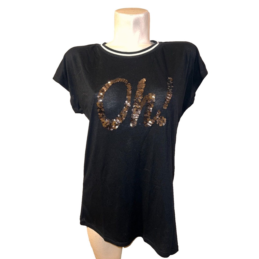 Jeans by Buffalo Womens Black Oh Sequin Graphic Ringer T-Shirt Size Medium NWT